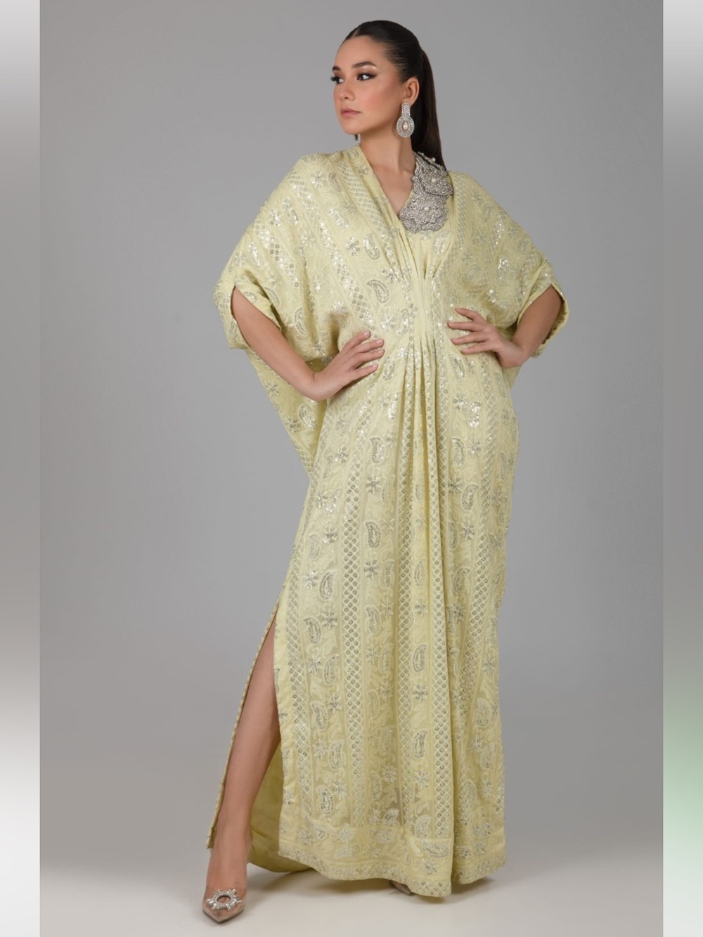 Designer Ayesha Somaya Embroidered Pale Yellow Lime Kaftan Pakistani Arab